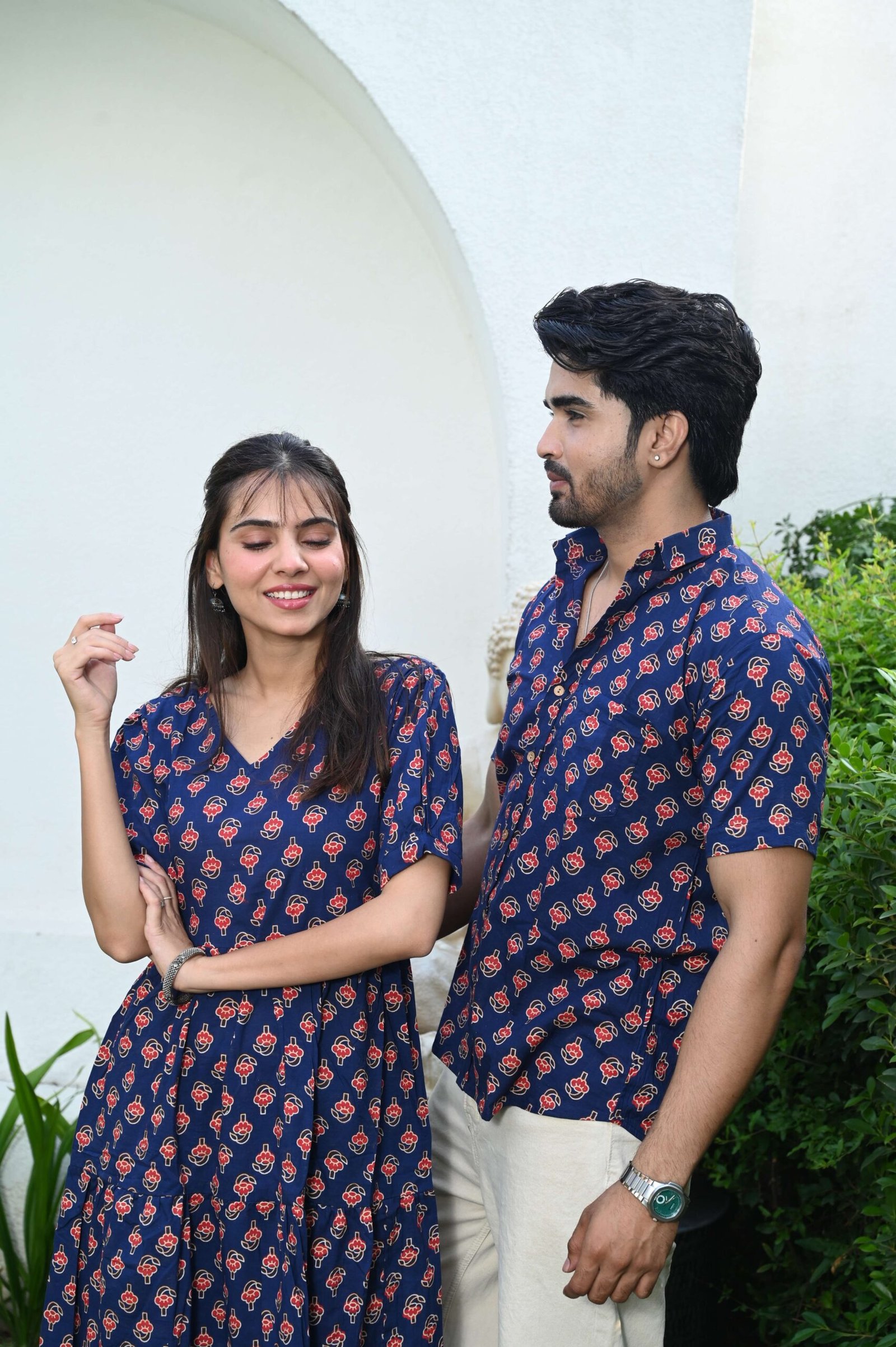 Couple Matching Navy Blue Cotton Printed Anarkali Midi Dress & Shirt Set ? Casual & Festive Wear - Image 4