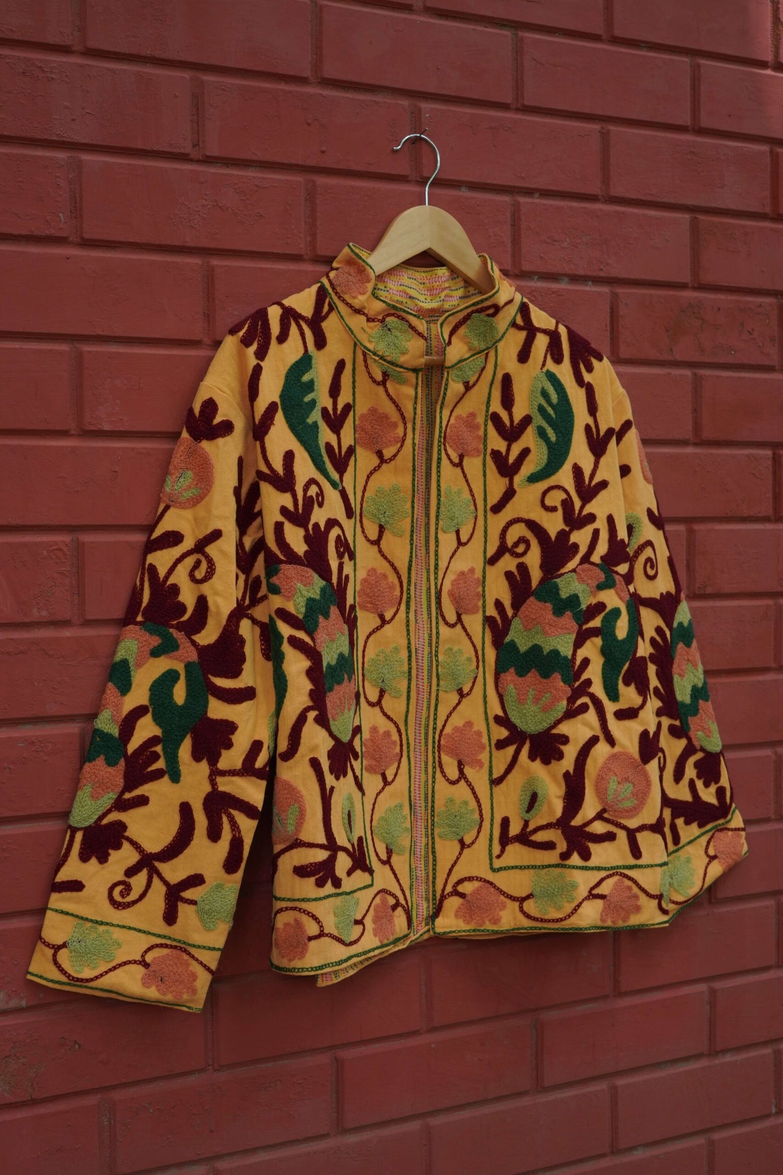 Womens Yellow Velvet Embroidered Jacket with Floral Design - Image 7