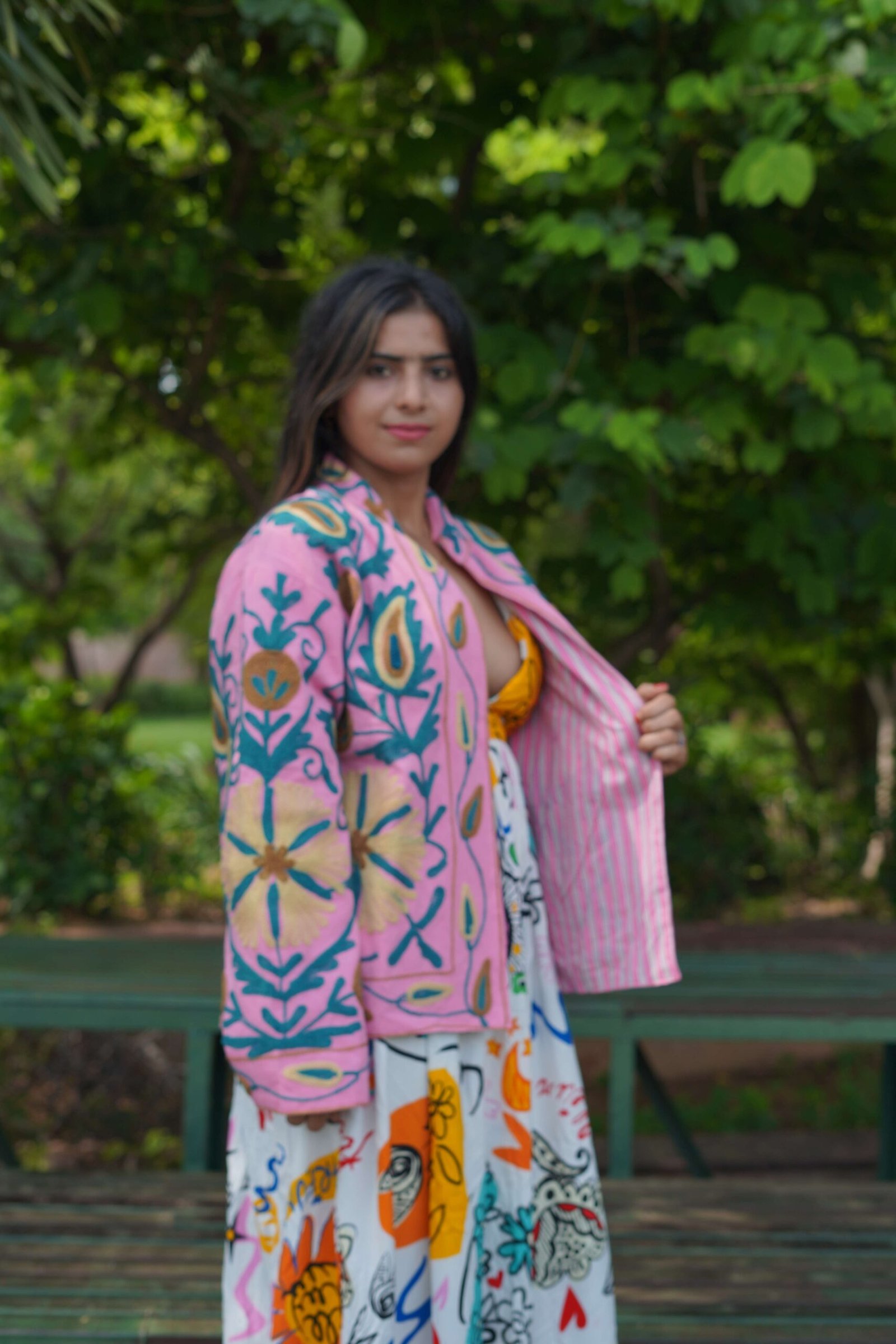 Womens Pink Velvet Embroidered Jacket with Floral Design - Image 6