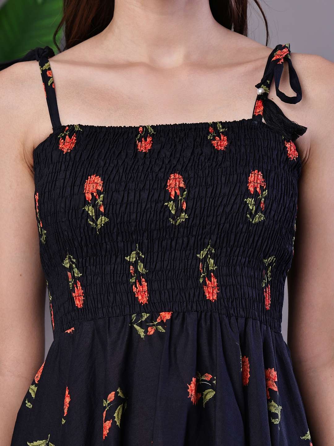 Women's Black Floral Printed Cotton Handkerchief Hem Dress Midi Dresses - Image 5